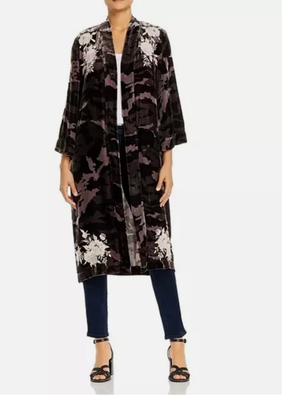 Johnny Was Santal Camo Velvet Kimono Brown Embroidered Duster L Duster Cardigan